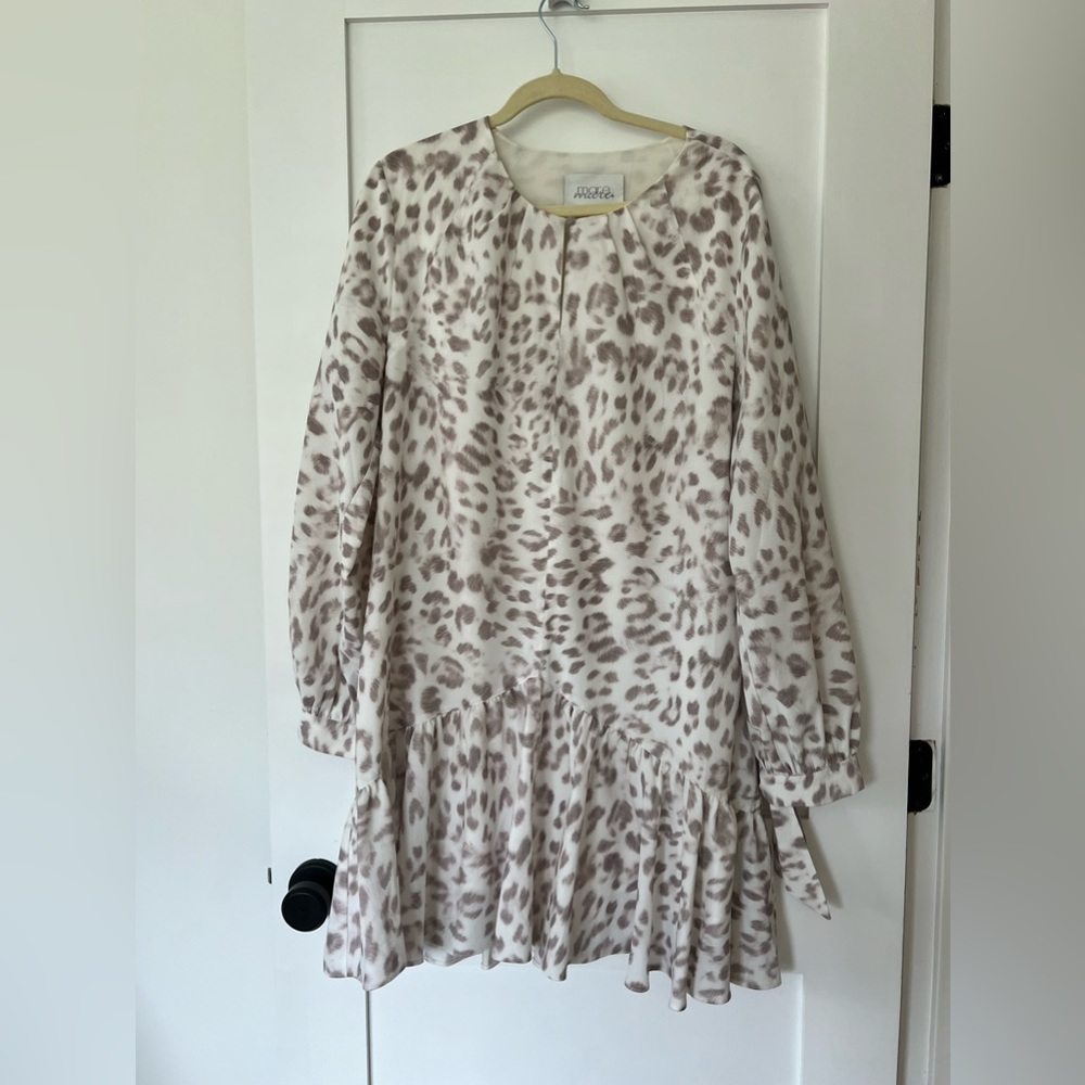 Mare mare, size L silk animal print dress, drop hem, long sleeve with ties